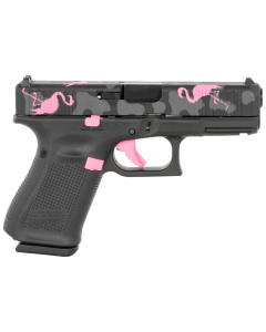 Glock 19 Gen 5 MOS Miami Mingo 9mm 15+1 4.02" Black GMB Barrel, Black w/Pink Flamingos MOS Cut/Serrated Steel Slide, Black w/Pink Accents Polymer Frame, w/Picatinny Rail, Black Textured Grip, Ambidextrous
