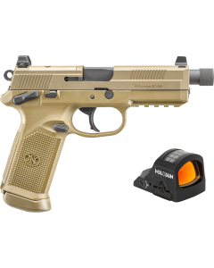 FN FNX w/Optic 45 ACP 15+1 5.30" Black Steel Threaded Barrel, Flat Dark Earth Optic Ready/Serrated Stainless Steel Slide & Polymer Frame w/Picatinny Rail, Holosun 407C Red Dot