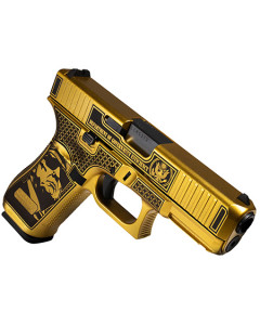 Glock G47 Gen 5 MOS D.O.G.E. Full Size Frame 9mm Luger 17+1 4.49" Black GMB Barrel, Glamour Glock Gold Cerakote Serrated Steel Slide w/D.O.G.E., Glamour Glock Gold Cerakote Polymer Frame w/Trump & Elon 