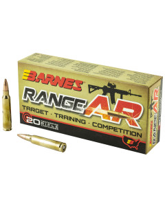 Barnes Range AR, 556NATO, 52 Grain, Zn Core Open Tip Flat Base, Lead Free, 20 Round Box 30844