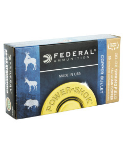 Federal PowerShok, 30-06, 150 Grain, Copper, Lead Free, 20 Round Box, California Certified Nonlead Ammunition 3006150LFA