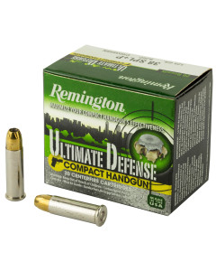Remington Compact Ultimate Home Defense, 38 Special +P, 125 Grain, Brass Jacketed Hollow Point, 20 Round Box 28965