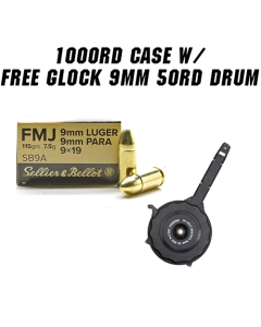 Sellier & Bellot 9mm 115gr FMJ 1000rd Case w/ FREE Glock 9mm 50rd Drum