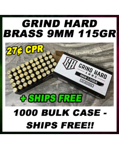 Grind Hard Brass 9mm 115gr FMJ 250rd, 500rd, or 1000rd Case 