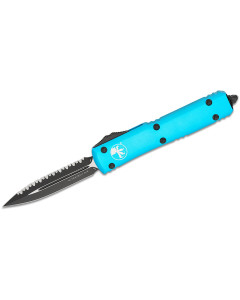 Microtech Ultratech Auto OTF 3.46" Black Plain/Serrated Double Edge Dagger Blade - Turquoise