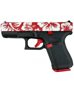 Glock G19 Gen5 MOS 9mm Luger 15+1 4.02" Black GMB Barrel, White w/Red Hibiscus Cerakote MOS Cut/Serrated Steel Slide, Black Cerakote w/Red Accents, Polymer Frame